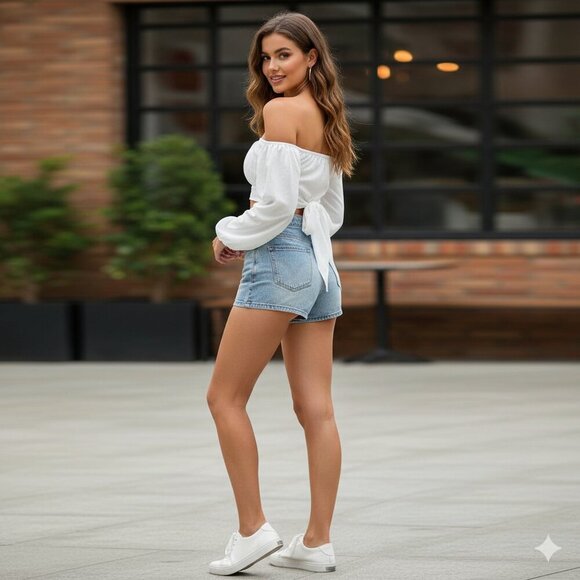 Women’s Blouse Top Cropped Wrap Tie up Off the shoulders Long Sleeve White Sz S - Picture 12 of 12